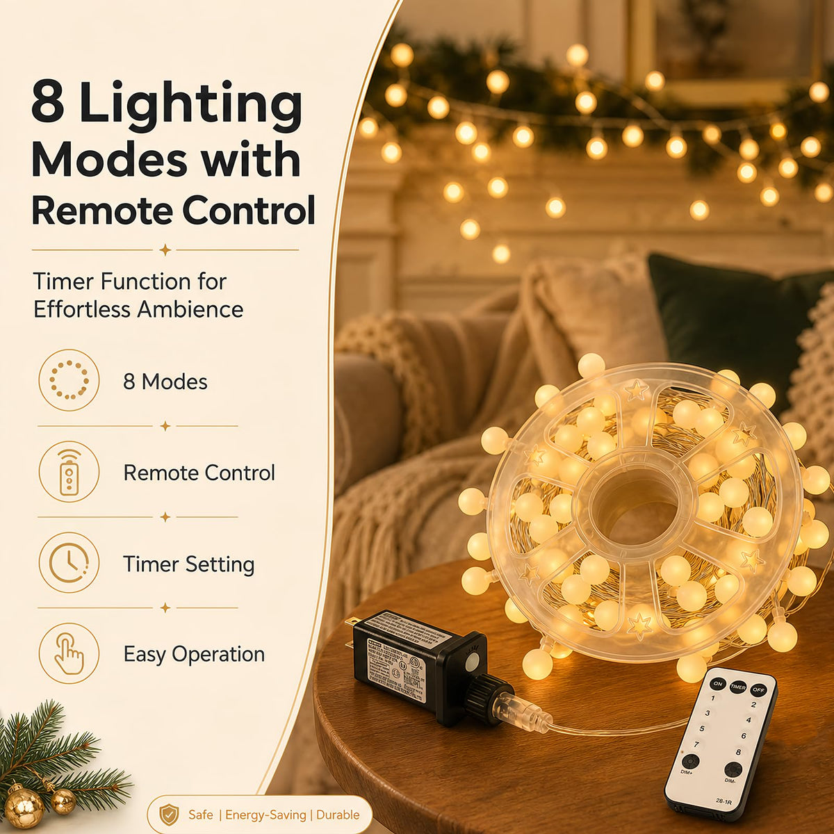HelixBeam Warm Globe LED String Lights Indoor Bedroom 66FT 200LED Remote