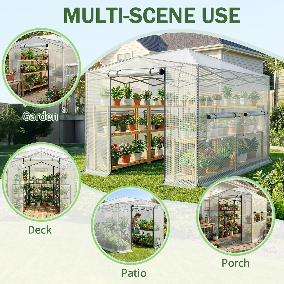 Outvita 8x12ft Greenhouse, Instant Walk-in Pop Up Tent Greenhouse for Indoor Outdoor Gardening Easy Setup Shelter with Roll-up Zipper Entry Doors and Windows