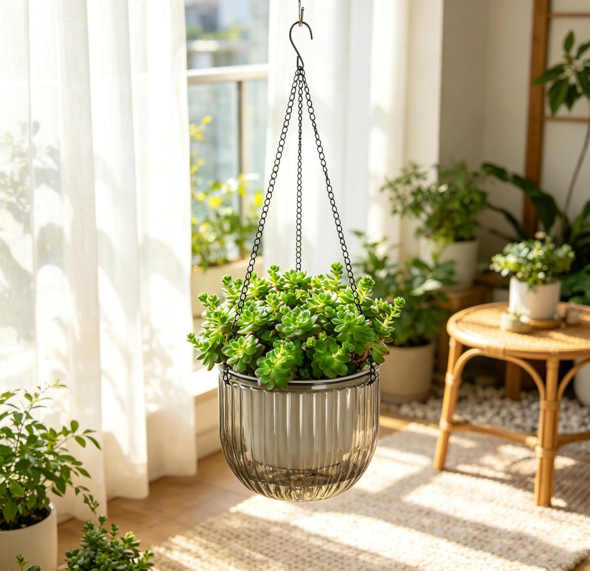 Melphoe 2 Pack Self Watering Hanging Planters Indoor Flower Pots, 8.3 Inch Outdoor Hanging Basket, Plant Hanger with 3Hooks Drainage Holes for Garden Home (Gray)