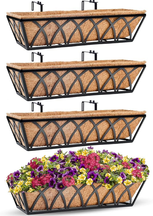 24 Inch Window Deck with Coco Liner, 24" Window Boxes Horse Trough with Coconut Coir Liner, Fence Metal Hanging Flower Planter Window Basket Deck Railing Planter Boxes for Outdoor Garden Lawn, 4pcs