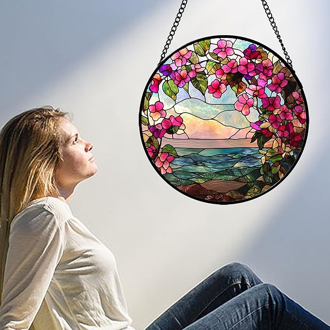 AMDERVEN Stained Glass Window Hanging, Purple Flower Landscape Wreath Sun Catcher for Door Home Decor Plants Suncatcher Christmas Mother's Day Birthday Gifts for Women Men Mom Nana 9.8 in
