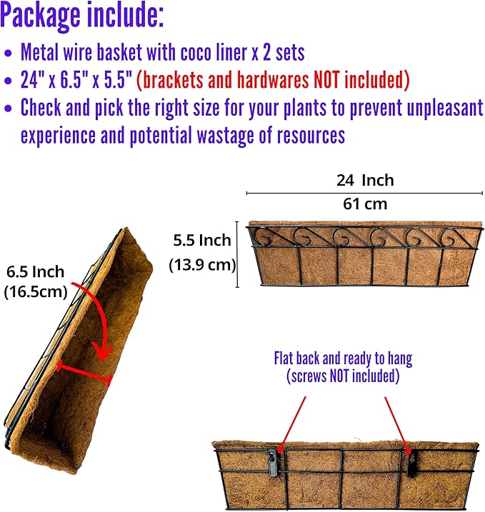 LaLaGreen Large Window Flower Boxes - 2 Pack, 24 Inch Balcony Planter, Deck Railing Planters with Coco Liners Outdoor Wall Pot Plant Holder, Black Metal Horse Trough Fence Patio Porch Over Rail Decor