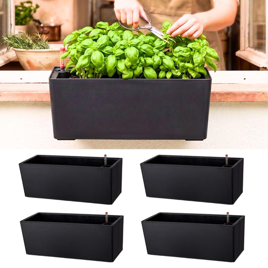 LaLaGreen Wall Planters for Outdoor (14 Inch, 4 Pack) Black Self Watering System Hanging Planter Box Flower Pot, Rectangular Wall Mount Indoor Vertical Living Garden Decoration Window Sill Herb Trendy