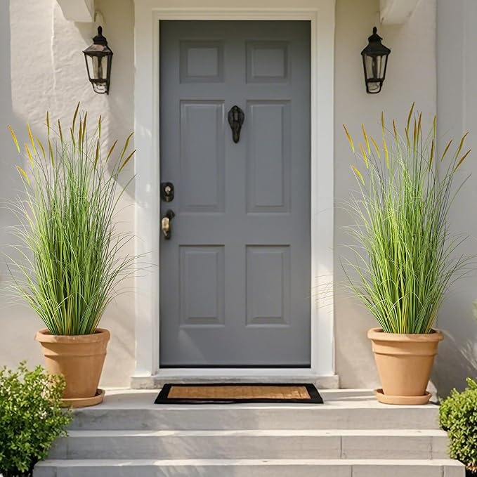 KOL 4ft 2-Pack Artificial Cattail Reed Grass, 47.2’’ Artificial Indoor Outdoor Fake Onion Grass Plant, Home Office Wedding Decorative Potted Plant Faux Greenery, Housewarming Gift, Green