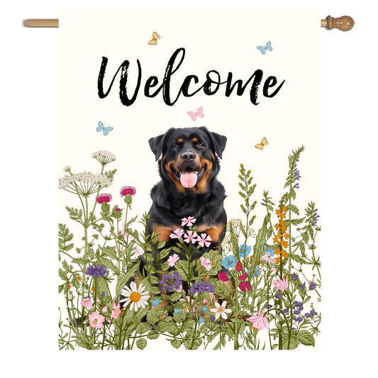 Floral Rottweiler Garden Flag Spring Summer House Flags 28 x 40 Double Sided Flower Dog Yard Flags for Outside Large Outdoor Welcome Flags