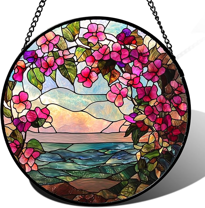 AMDERVEN Stained Glass Window Hanging, Purple Flower Landscape Wreath Sun Catcher for Door Home Decor Plants Suncatcher Christmas Mother's Day Birthday Gifts for Women Men Mom Nana 11.8 in