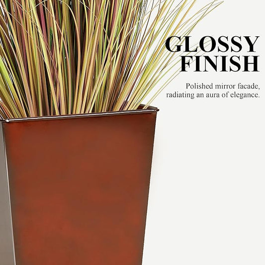 Worth Garden 28" Large Metal Glazed Planter Set of 2, Luxurious Glossy Finish Red Tall Square Tapered Steel Plant Pots, Decor Flower Pot Indoor & Outdoor, Drainage Hole & Dual-Purpose Plant Saucer