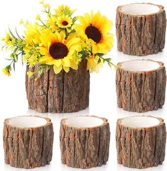 6 Pcs Wooden Vase for Centerpieces Woodland Table Decor Wooden Flower Vase Rustic Bark Stump Buckets Vintage Wood Planter Pots for Garden Party Wedding Window Home Farmhouse (Large)