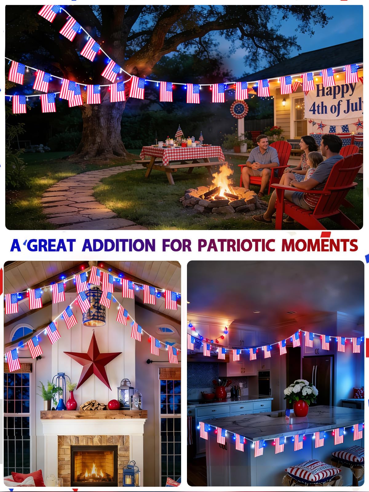 4th of July Lights 24FT Red White Blue Flag LED String Lights with Remote