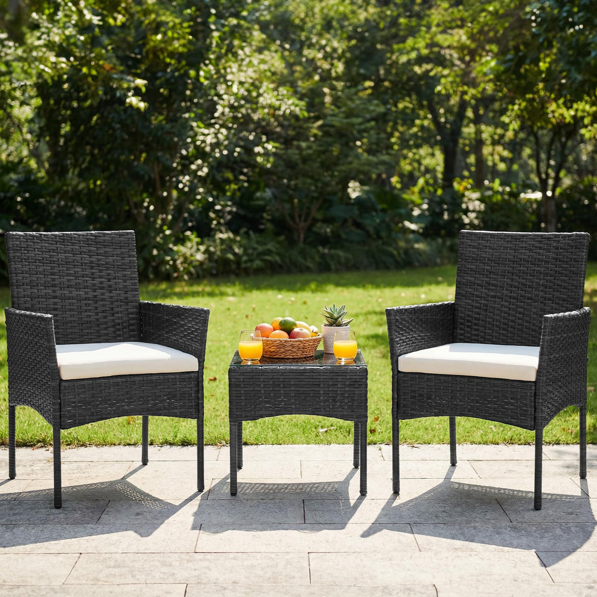 DUMOS 3 Piece Patio Furniture Set, Outdoor Wicker Bistro Set, Black