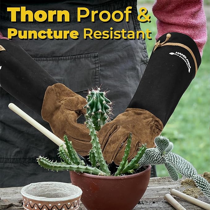 HANDLANDY Long Gardening Gloves for Men & Women, Pigskin Leather Rose Pruning Gloves, Breathable Thorn Proof Gauntlet Glove (Brown-Pigskin, M)