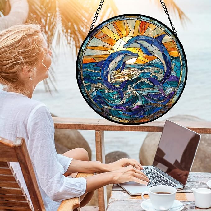 DASTOLL Stained Glass Window Hanging, Blue Dolphin Sun Catchers Colorful Glass Panel Sunrise Sea View Suncatcher Decor for Birthday for Women, Men, Wife, Aunt, and Mom 14.9x14.9 in