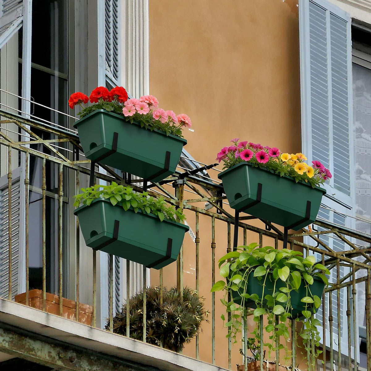 4 Pcs Hanging Flower Pots, 16.9 Inches Railing Planter Box, Green