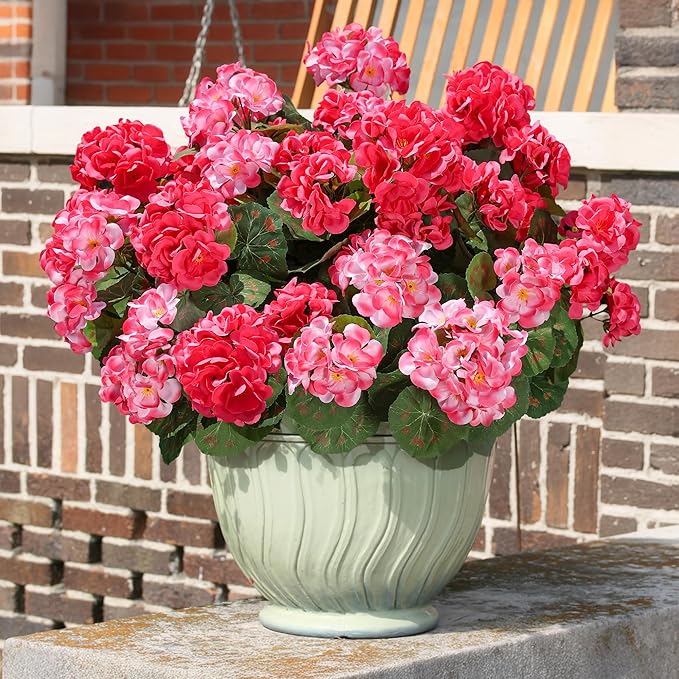 Artificial Geranium Fake Flowers for Outdoors Decoration, 6 Bundles Silk Geraniums Flower UV Resistant Look Real Faux Plants for Front Door Garden Porch Planter Patio Balcony Yard Indoor Home, Mix