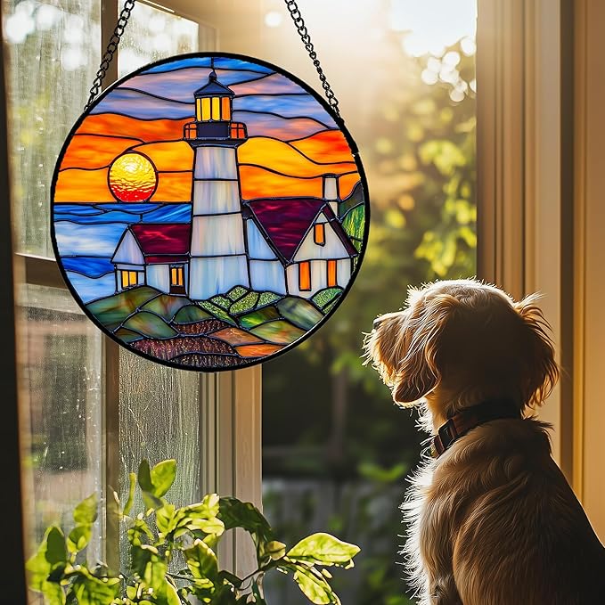 Stained Glass Window Hanging - Sea Lighthouse Suncatcher for Door Terrace Garden Home Decor Sunset Beach Scenery Sun Catcher Birthday Gifts for Lovers Women Men Dad Mom Nana 11.8 in