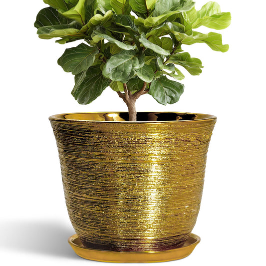 SUNPOTFOR Ceramic Pots for Plants - 12 Inch Planter for Indoor Outdoor, Round Plant Pot with Drainage Hole and Saucer, Decorative Large Planter, Modern Flower Pots, House Decor, Garden Gifts, Gold