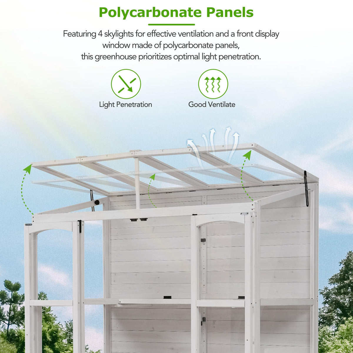 78-inch 6-Tier Wooden Greenhouse - Cold Frame Lean to Greenhouse with Polycarbonate Panels, Portable Greenhouses Cabinet with 4 Independent Skylights and 2 Folding Middle Shelves (White)