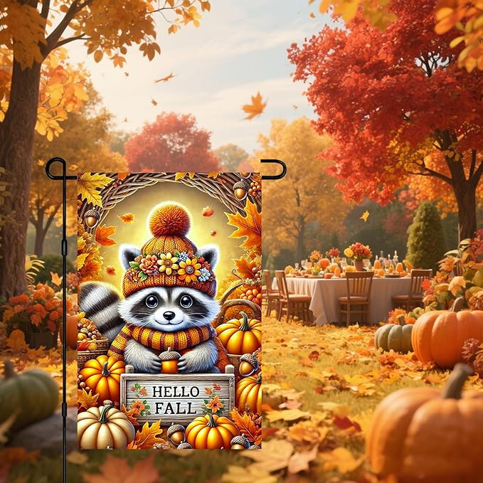Hello Fall Garden Flag Cute Raccoon Autumn Hat Pumpkins Acorns 12x18 Inch Double Sided Outdoor Banner For Front Yard Porch Lawn Patio Thanksgiving Flag Seasonal Home Decor