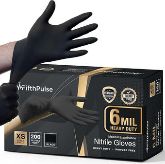FifthPulse 6 Mil Black Nitrile Gloves, Heavy Duty Mechanic and Food Grade Glove - Powder-Free, Latex-Free Medical Exam Gloves