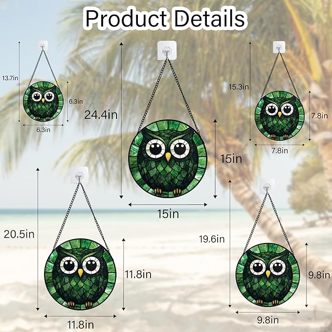 Stained Glass Window Hanging - Green Owl Suncatcher for Doors Garden Patio Funny Bird Sun Catchers Decor Christmas Mother's Day Birthday Teenager Gifts for Women Men Mom Nana Friend 7.8 in