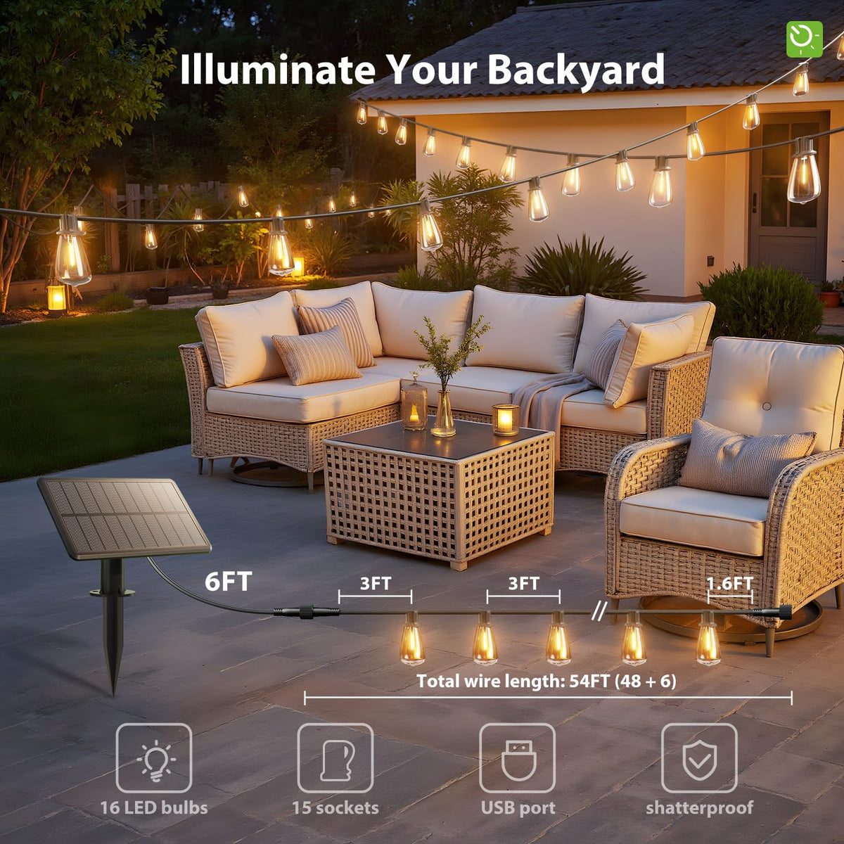 KYY 54FT Solar String Lights Outdoor Waterproof with USB Charging & Remote