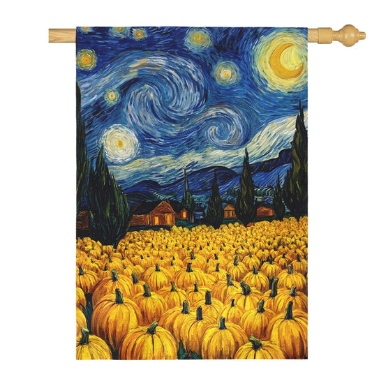 Dacawin Large Fall Pumpkin Patch Garden Flag Autumn Harvest House Banner Van Gogh Inspired Starry Night Style Pumpkin Farm Field Yard Flags Rustic Seasonal Double Sided Welcome Banner 28x40 Inch