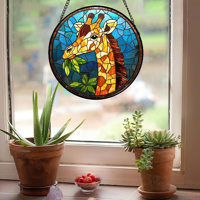 Stained Glass Window Hanging Orange Giraffe Blue Green Leaves 6.3" - Suncatcher Door Garden Sunroom Sun Catcher Home Decor Birthday Christmas for Mom Men Woman Nana