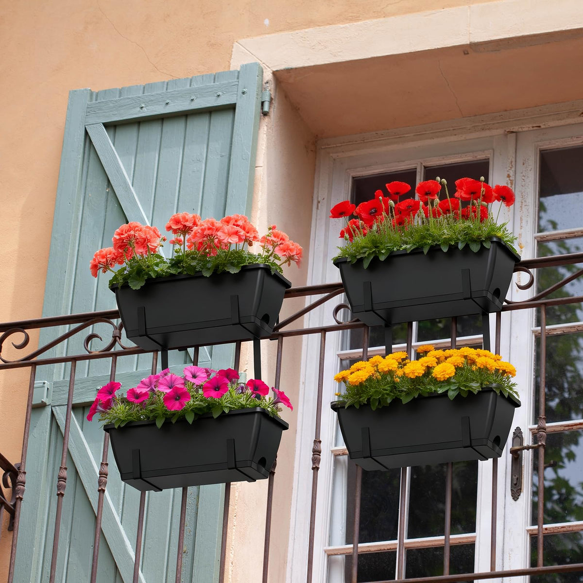 4 Pcs Hanging Flower Pots, 16.9 Inches Railing Planter Box, Black