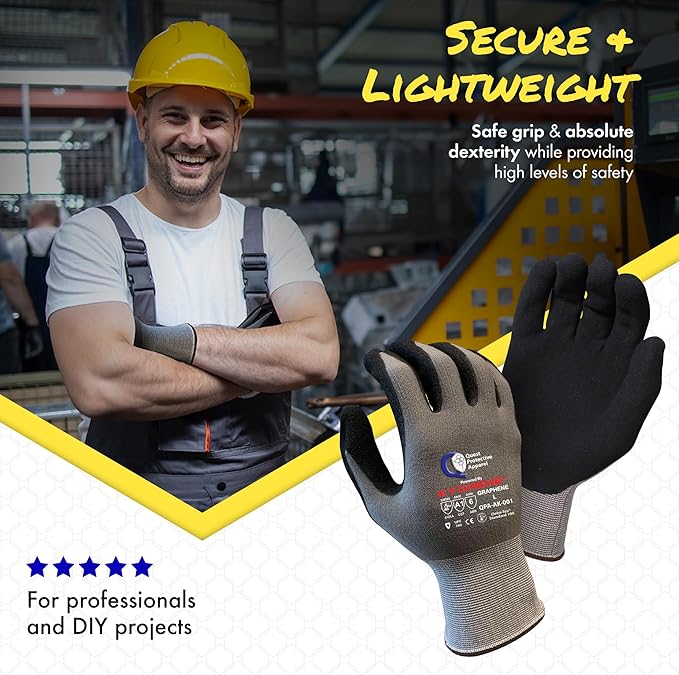 Quest Protective Apparel Cut Resistant Work Gloves (ANSI A1) – Lightweight Graphene Gloves for Gardening, DIY, Mechanical & General Handling – Breathable Grip Gloves for Men & Women – Large, Pack of 1