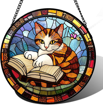 DASTOLL Stained Glass Window Hanging Little Cat Reading 9.8" - Suncatcher Door Garden Kitchen Sunroom Sun Catcher Home Decor Birthday for Lost Pets Mom Grandma Men Woman Friend