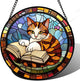 DASTOLL Stained Glass Window Hanging Little Cat Reading Large 15" - Suncatcher Door Garden Kitchen Sunroom Sun Catcher Home Decor Birthday for Lost Pets Mom Grandma Men Woman Friend