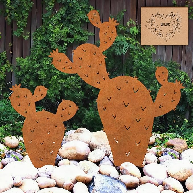 2pcs Metal Cactus Outdoor Decor,Desert Steel Yard Art, Metal Plants Prickly Pear Cactus,Lawn Decoration&Yard Art Outdoor and Garden Clearance Large