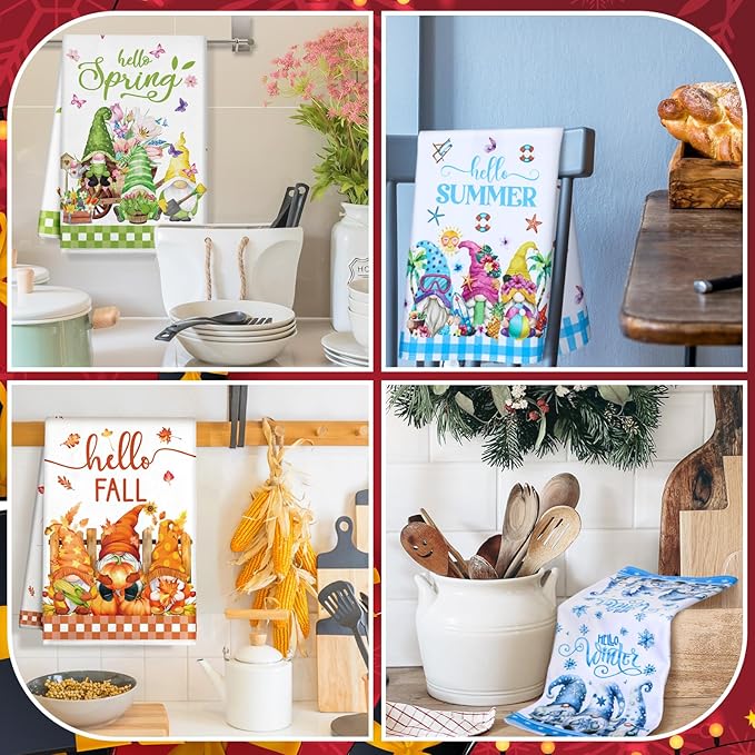 FuWeave 12 Pcs Seasonal Kitchen Towels Set for All Holidays Hand Dish Tea Towels Gift Bulk Valentine's Day Absorbent Dishcloths Housewarming Gift for Cooking Kitchen Bathroom(Gnome Style,Bright Color)