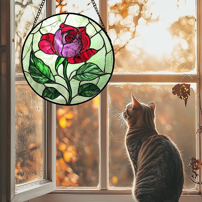 AMDERVEN Stained Glass Window Hanging 4 Pcs Set Red Roses Yellow Sunflowers 7.8" - Flower Suncatcher Door Garden Sun Catcher Decor Birthday Mother's Day for Mom Woman Nana Girl