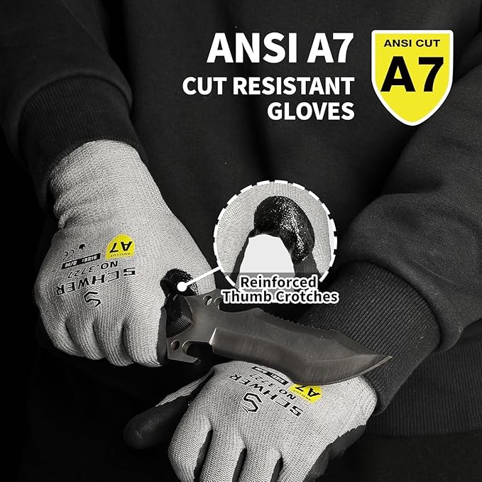 High Level Cut Resistant Work Gloves for High Risk Work, ANSI A7 Cutting Gloves with Reinforced Thumb, Used for WoodWorking, Construction, Non Slip, Durable, Breathable & Cool, M, 12 pairs, PR3727