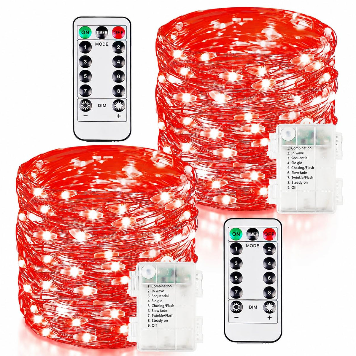 2 Pack 100 LED Fairy Lights Battery Operated with Remote Timer, 33 FT Red