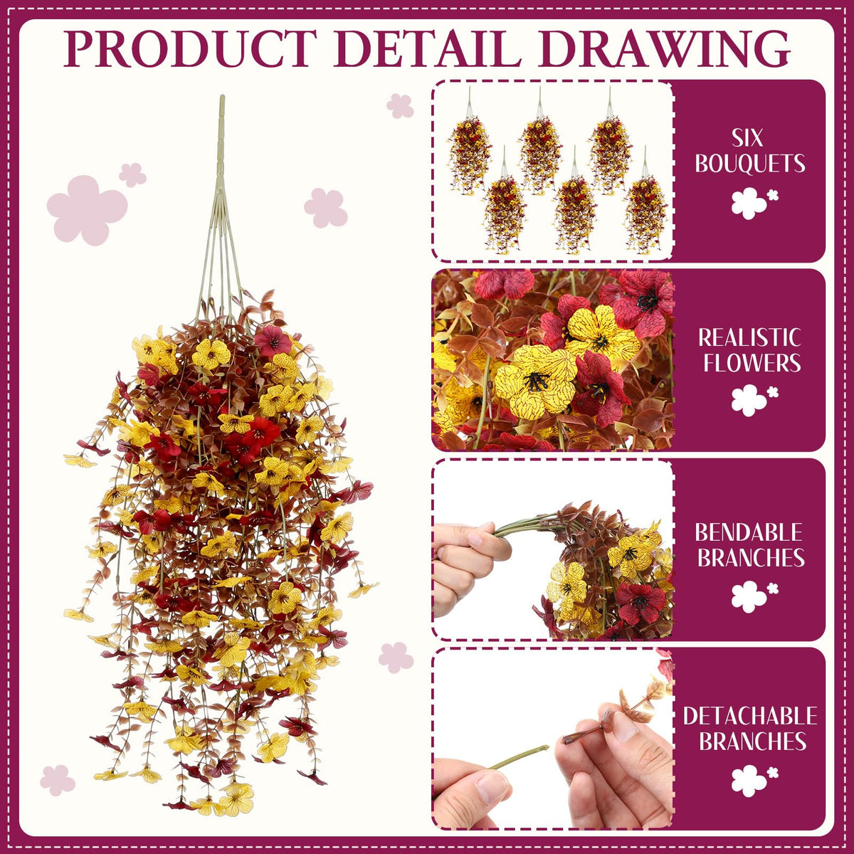 FineCheer 6 Pcs Fall Artificial Hanging Flowers Outdoor, Maroon, Yellow