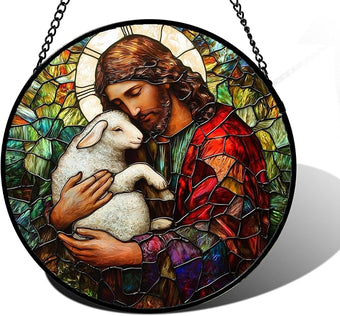 Stained Glass Window Hanging, Jesus Little Lamb Sun Catchers Colorful Glass Panel Christianity Suncatcher Decor for Birthday for Women, Men, Wife, Aunt, and Mom 7.8 in
