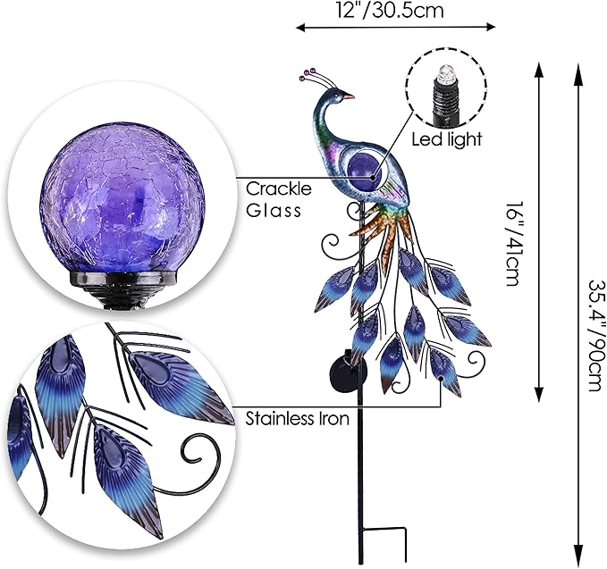 TERESA'S Collections Yard Decorations Outdoor for Garden Decor, Peacock Solar Outdoor Lights, 35.4'' Metal Lawn Ornaments for Outside with Crackle Glass Ball, Decorative Stake Gifts for Mom