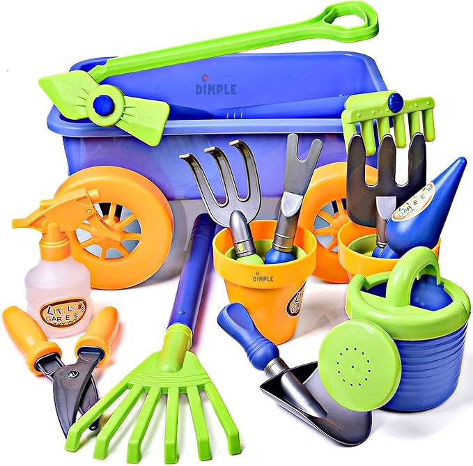 Dimple Garden Wagon & Tools Toy Set Premium 15 Pcs Kids Gardening Tools & Wagon Toy Set - Sturdy & Durable - Top Yd, Beach, Sand, Garden Play Set for Kids & Toddlers