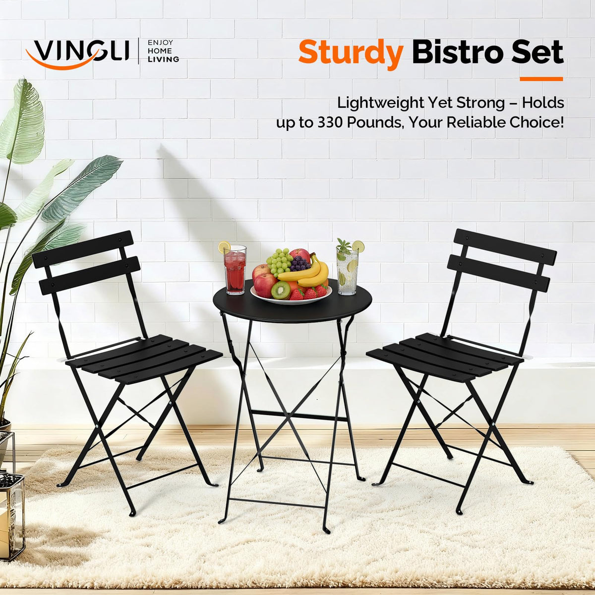 VINGLI Outdoor Folding Bistro Table and Chairs Set of 2, 3-Piece Bistro Set with Premium Steel Frame for Patio, Balcony, Garden, Porch, Yard, Black