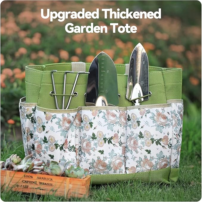 Gardening Tools 9-Piece Heavy Duty Garden Hand Tools with Fashion and Durable Garden Tools Organizer Handbag, Rust-Proof Garden Tool Set, Ideal Gardening Gifts for Women