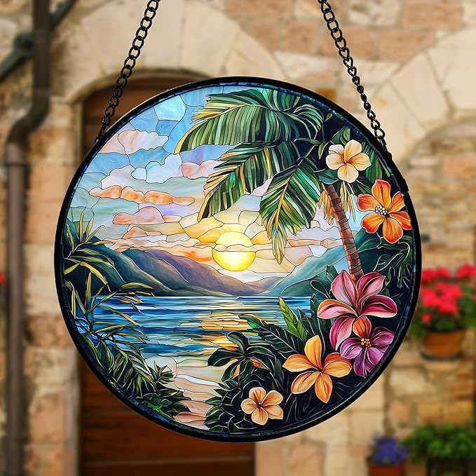 DASTOLL Stained Glass Window Hanging, Colorful Landscape Suncatcher for Doors Home Sun Catchers Decoration and Christmas, Mother's Day Birthday Gifts for Women, Men, and Mom 7.8 in