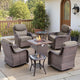 Belord Luxury 6" Thick Cushioned Outdoor Swivel Rocker Chairs Set of 4 with Fire Pit Table, High Back Wicker Patio Furniture Set with Ergonomic Zone Back, Conversation Set for Deck Porch - Brown+Grey