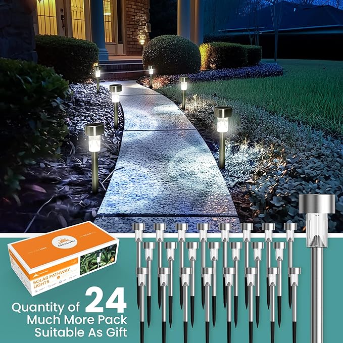 GIGALUMI 24 Pack Solar Path Lights Outdoor,Solar Lights Outdoor Waterproof,Stainless Steel LED Landscape Lighting,Solar Garden Lights for Driveway,Pathway,Patio,Yard