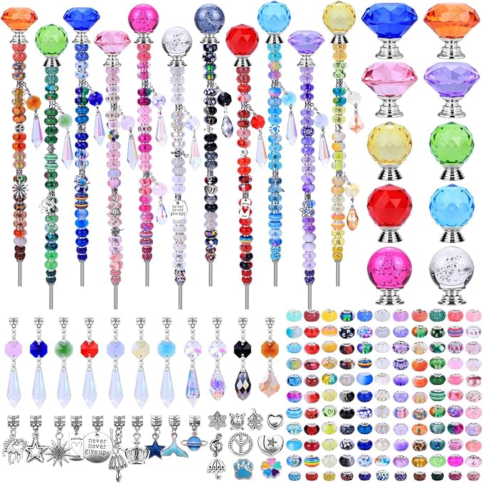 DIY Fairy Wand Garden Stakes Kit, Crystal Beaded Decorative Wands Set, Outdoor Garden Decoration with Assembly Guide (Mixed Top 390 Pcs)