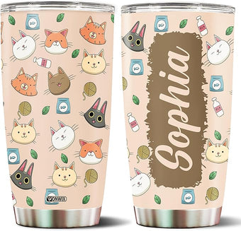 WONWIX Personalized Cat Tumbler Gifts for Girls Kids Daughter 20oz Travel Cup Coffee Mug Stainless Steel Insulated with Lid Custom Name Watter Bottle Gift for Cat Lover