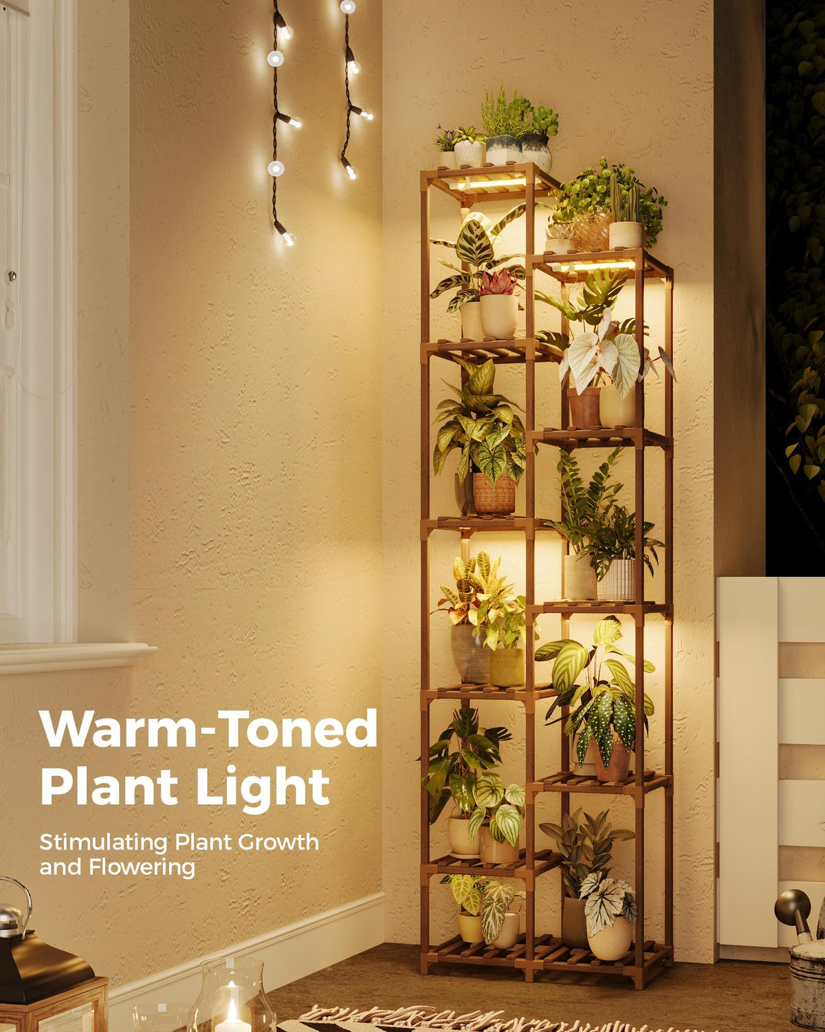 Bamworld Plant Stand with Grow Lights, 11 Tier Tall Large Wood Plant Shelf