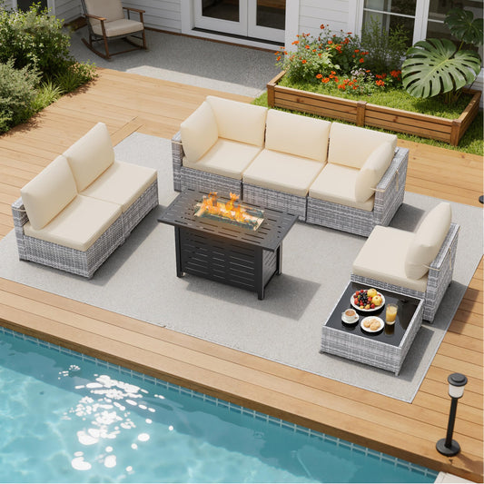 LOUVIXA 8 Piece Outdoor Patio Furniture Set, Outdoor Sectional Sofa with Firepit Table, Wicker Rattan Patio Furniture, Patio Conversation Set with Coffee Table & Cushions