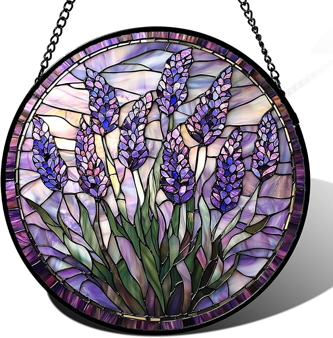 JOSUMALY Stained Glass Window Hanging - Purple Flowers Suncatcher for Door Terrace Garden Home Decor Lavender Plant Floral Sun Catcher Birthday Gifts for Lovers Women Men Dad Mom Nana 11.8 in